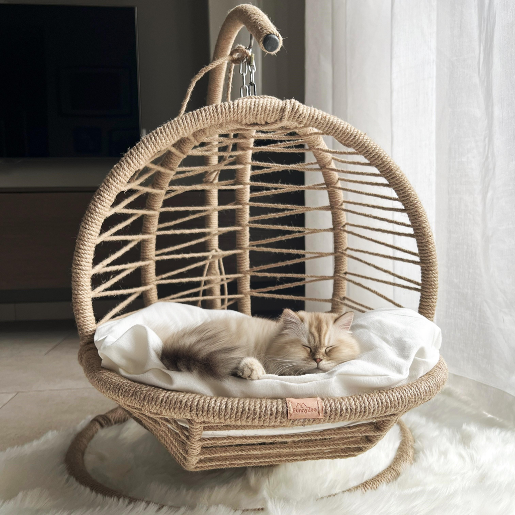 Jute rope swing cat bed with metal frame and cushion